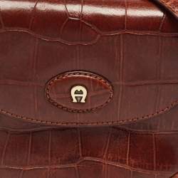 Pre Owned Aigner Dark Brown Croc Embossed Leather Flap Saddle Crossbody Bag