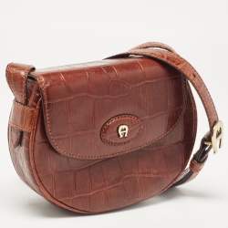 Pre Owned Aigner Dark Brown Croc Embossed Leather Flap Saddle Crossbody Bag