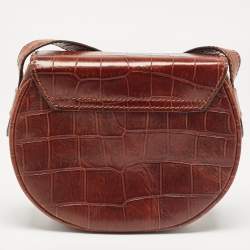 Pre Owned Aigner Dark Brown Croc Embossed Leather Flap Saddle Crossbody Bag