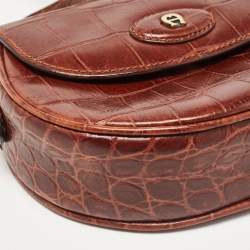Pre Owned Aigner Dark Brown Croc Embossed Leather Flap Saddle Crossbody Bag