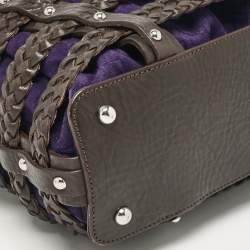 Pre Owned Aigner Dark Brown/Purple Leather and Suede Braided Cage Satchel