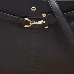 Aigner Black Croc Embossed Leather Cavallina Tote