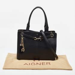 Aigner Black Croc Embossed Leather Cavallina Tote