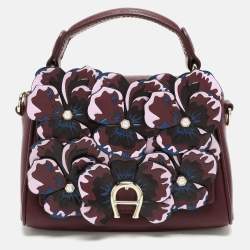 Aigner Burgundy Leather Embellished Top Handle Bag