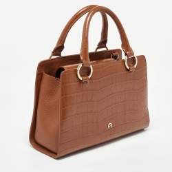 Pre Owned Aigner Brown Croc Embossed Leather Tote
