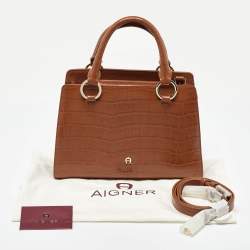 Pre Owned Aigner Brown Croc Embossed Leather Tote