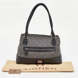 Aigner Black/White Signature Canvas and Leather Logo Tote