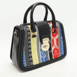 Aigner Black Embroidery and Leather Top Handle Bag