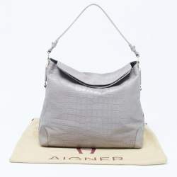 Aigner Grey Croc Embossed Leather Logo Shoulder Bag