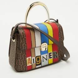 Pre Owned Aigner Multicolor Signature Coated Canvas Flap Shoulder Bag