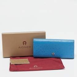 Aigner Blue Ostrich Embossed Leather Logo Continental Wallet