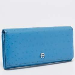 Aigner Blue Ostrich Embossed Leather Logo Continental Wallet