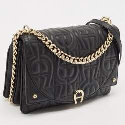 Pre Owned Aigner Black Embossed Leather Small Diadora Crossbody Bag
