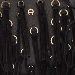 Aigner Black Leather and Suede Small Fringe Cybill Bag