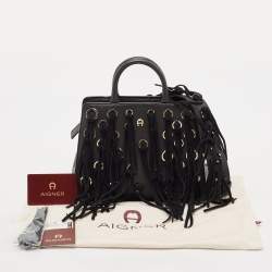 Aigner Black Leather and Suede Small Fringe Cybill Bag