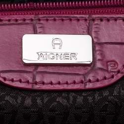 Aigner Magenta Croc Embossed Leather Double Zip Satchel