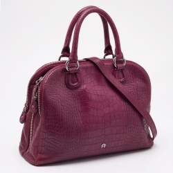 Aigner Magenta Croc Embossed Leather Double Zip Satchel