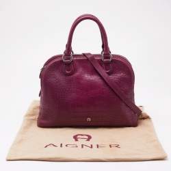 Aigner Magenta Croc Embossed Leather Double Zip Satchel