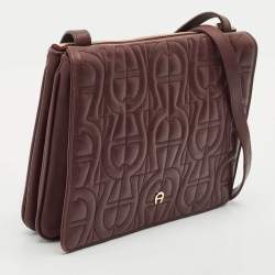 Aigner Burgundy Logo Embossed Leather Flap Crossbody Bag