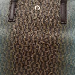 Pre Owned Aigner Dark Brown/Blue Signature Coated Canvas and Leather Tote
