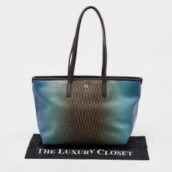 Pre Owned Aigner Dark Brown/Blue Signature Coated Canvas and Leather Tote