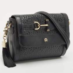Aigner Black Leather Logo Embossed Flap Crossbody Bag