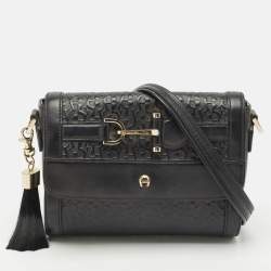 Aigner Black Leather Logo Embossed Flap Crossbody Bag