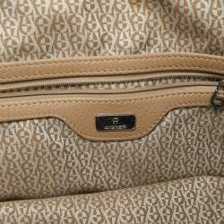 Pre Owned Aigner Metallic Beige Leather Double Zip Dome Satchel