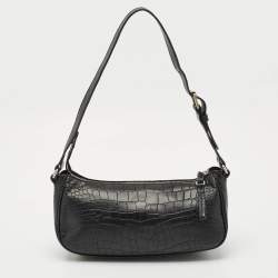 Pre Owned Aigner Black Croc Embossed Leather Buckle Shoulder Bag