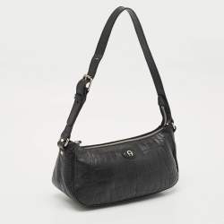 Pre Owned Aigner Black Croc Embossed Leather Buckle Shoulder Bag