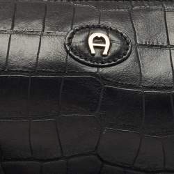 Pre Owned Aigner Black Croc Embossed Leather Buckle Shoulder Bag