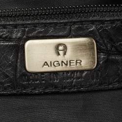 Pre Owned Aigner Black Croc Embossed Leather Buckle Shoulder Bag