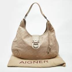 Pre Owned Aigner Light Beige Logo Embossed Leather Charm Hobo