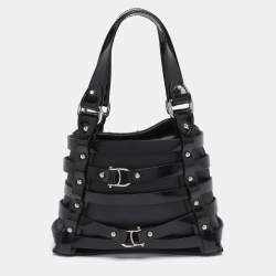 Pre Owned Aigner Black Satin and Leather Caged Tote