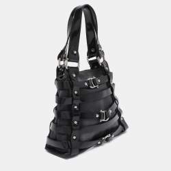 Pre Owned Aigner Black Satin and Leather Caged Tote