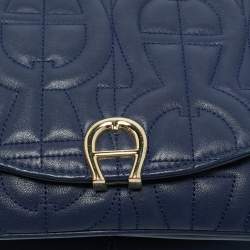 Pre Owned Aigner Navy Blue Embossed Leather Diadora S Crossbody Bag