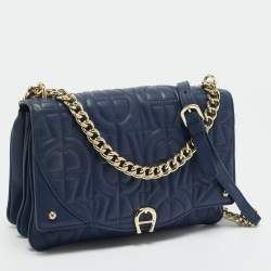 Pre Owned Aigner Navy Blue Embossed Leather Diadora S Crossbody Bag