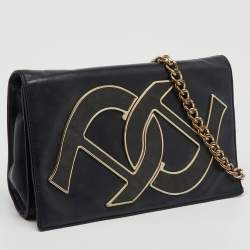 Pre Owned Aigner Black Leather Logo Flap Chain Shoulder Bag