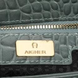 Pre Owned Aigner Green Croc Embossed Leather Celia Crossbody Bag