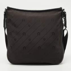 Pre Owned Aigner Dark Brown/Black Monogram Leather and Nylon Messenger Bag