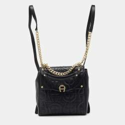 Pre Owned Aigner Black Logo Embroidered Leather Diadora Backpack