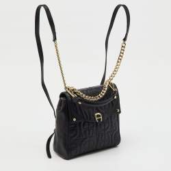 Pre Owned Aigner Black Logo Embroidered Leather Diadora Backpack