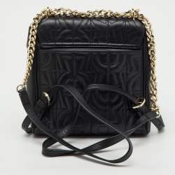 Pre Owned Aigner Black Logo Embroidered Leather Diadora Backpack