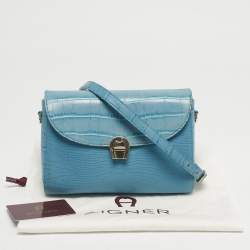 Pre Owned Aigner Light Turquoise Croc and Lizard Embossed Genoveva Shoulder Bag