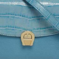 Pre Owned Aigner Light Turquoise Croc and Lizard Embossed Genoveva Shoulder Bag