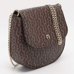 Pre Owned Aigner Brown Coated Canvas Ava Chain Crossbody Bags