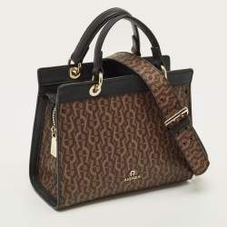 Pre Owned Aigner Carol Brown/Black Signature Coated Canvas Top Handle Bag
