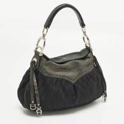 مملوكة مسبقًا Aigner Black/Green Jacquard Canvas and Iridescent Leather Shoulder Bag