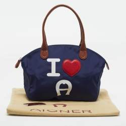 Pre Owned Aigner I Love A Blue/Brown Nylon Zip Satchel