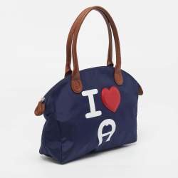 Pre Owned Aigner I Love A Blue/Brown Nylon Zip Satchel